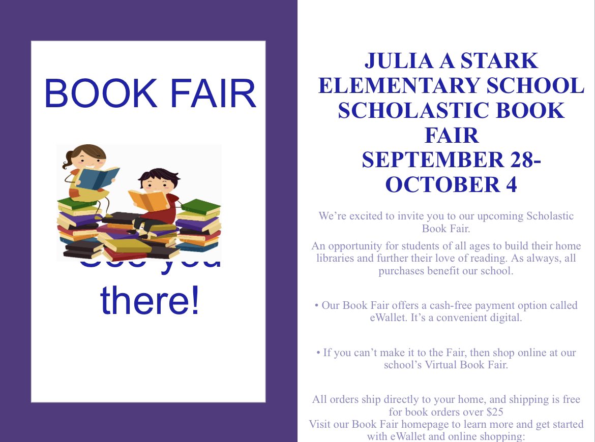 StarkPFO's tweet photo. JULIA A STARK ELEMENTARY SCHOOL ⭐️  SCHOLASTIC BOOK FAIR! 📚
 SEPTEMBER 28-OCTOBER 4 https://t.co/bsQ076w0i9