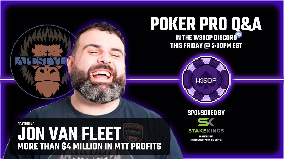 W3SOP's tweet photo. 🚨QnA with @apestyles in our Discord TODAY at 5:30p EST!

🤝Huge thanks to our sponsor @StakeKings for putting this together!

👉For more info, and to attend for free join our discord! https://t.co/Mlf4LryGod https://t.co/pFbNnrZ49Q