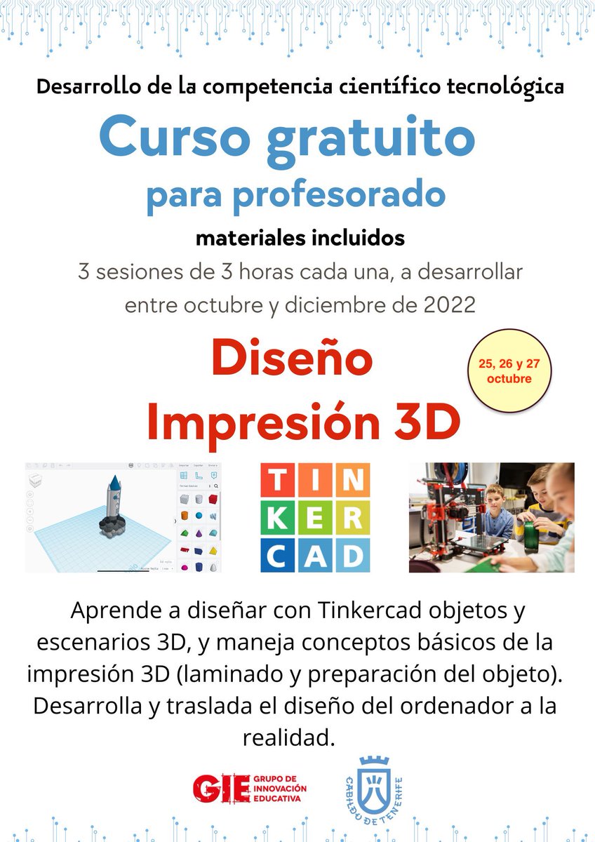 ProyectoGIE's tweet photo. Ya tenemos fechas!
Plazo abierto para nuestra formación STEM en competencias científico tecnológicas para el profesorado, financiada por el Cabildo de Tenerife.
Talleres gratuitos
Inscríbete: https://t.co/cM0WXHHg49
Plazas limitadas https://t.co/Tes7iiG3Ay