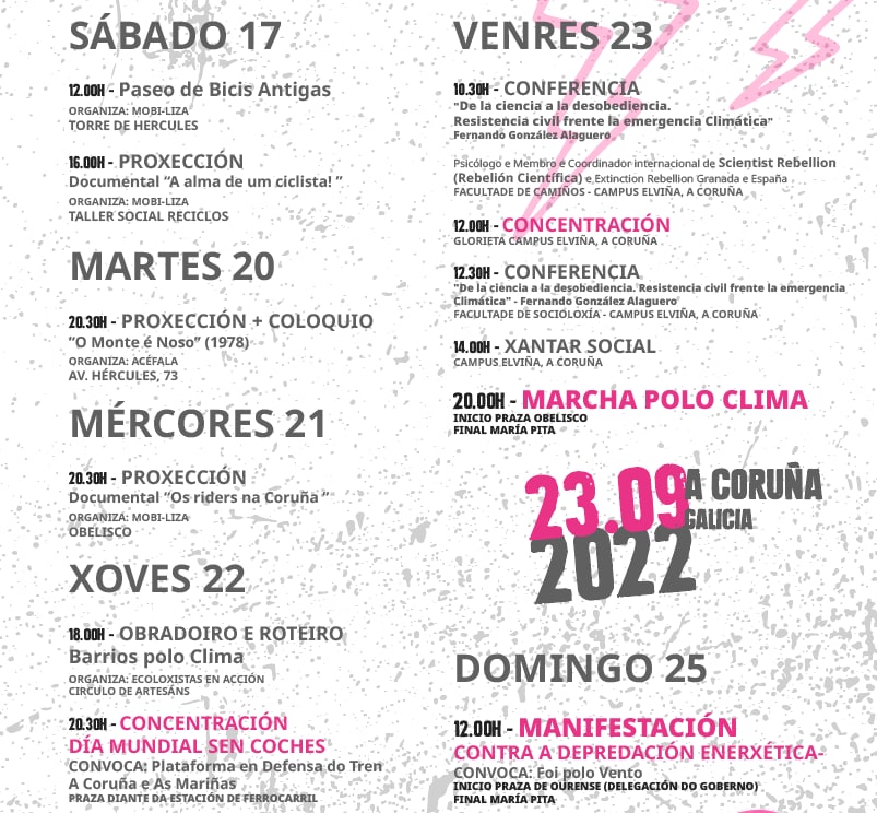 foipolovento's tweet photo. 🌍 Programaçom de atividades dentro da semana da mobilidade #ACrunha
📢 Hoje às 20:00h MARCHA POLO CLIMA @Fridays4C
#oPovoGalegoUnidoContraAdepredaçomEnergética
#AsCidadesEoRuralJuntasContraOCapital
#22SACrunha https://t.co/qE06GitpGM