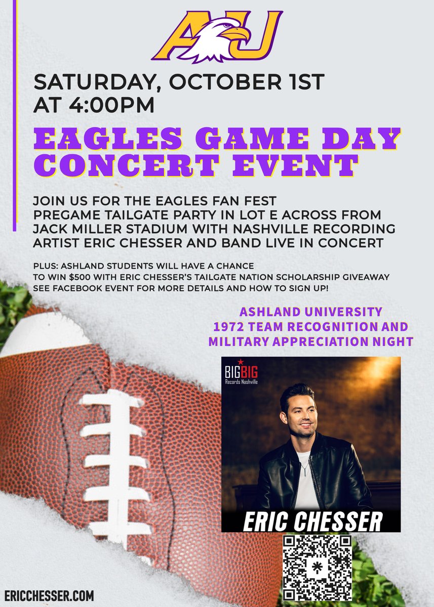 Ashland_Univ's tweet photo. Ashland students: On Saturday, Oct. 1, be sure to enjoy the Fan Fest activities prior to the football game against Northwood, which includes a performance by Nashville recording artist @EricChesser1. You could even win a $500 scholarship, just like Gabriella Yuhasz did last year. https://t.co/BkGvhXOezz