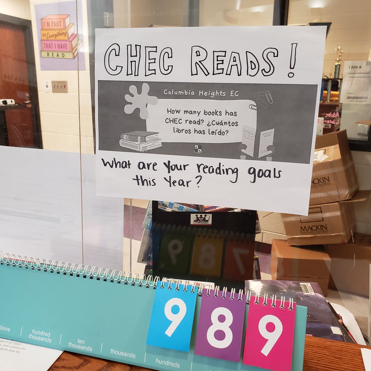 angfalkenberg's tweet photo. We're thissss close to 1,000 book circulations! Who'll check out the 1000th book in the next week? 👀📚💗 Shout out to class visits and our eager readers. 🥰 #DCPSHasLibrarians #CHECReads #DCPSReads @CHECDC @DcpsLibrary https://t.co/fMw4LPXoX2