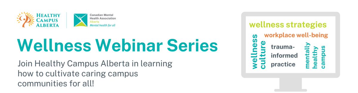 Check out our Wellness Webinar Series that provides strategies for staff, students, and faculty who support student #mentalhealth. The webinars will focus on self-care practices, practical tools for your workplace/role, and sharing Alberta-based expertise: ow.ly/K7mJ50KRGBm