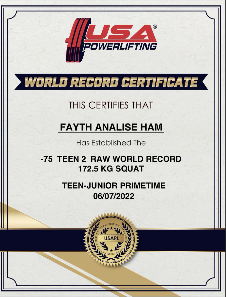Fayth_Ham's tweet photo. Just found out I set a world record in squat at Mega Nationals in Las Vegas in June !! 😱🥳   #USAPL  #Sewanee  @madame_hamstrings  @purplehaze_wrugby   @purplehazerugby  @alphasports_cs https://t.co/3DKM0LpSKe