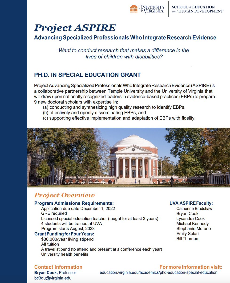 Interested in developing expertise in evidence-based practice and pursuing a PhD in special education @ UVA? Project ASPIRE covers tuition and provides an annual living stipend. Applications due 12/1. Contact me!