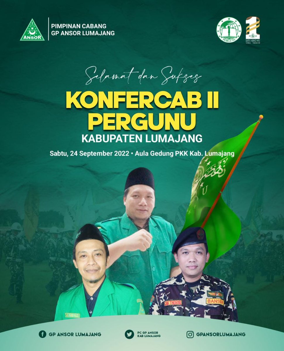 pcgpansorkablmj's tweet photo. Selamat dan sukses
Atas terselenggaranya Konferensi Cabang (KONFERCAB) ke II Persatuan Guru Nahdlatul Ulama (PERGUNU) Kab. Lumajang
Sabtu 24 September 2022 di Gedung Panti PKK Kab. Lumajang
#ansor #banser
#SpiritSahabatAnsorLumajang
#pergunu
@pwpergunujatim https://t.co/2bDu24fU5n
