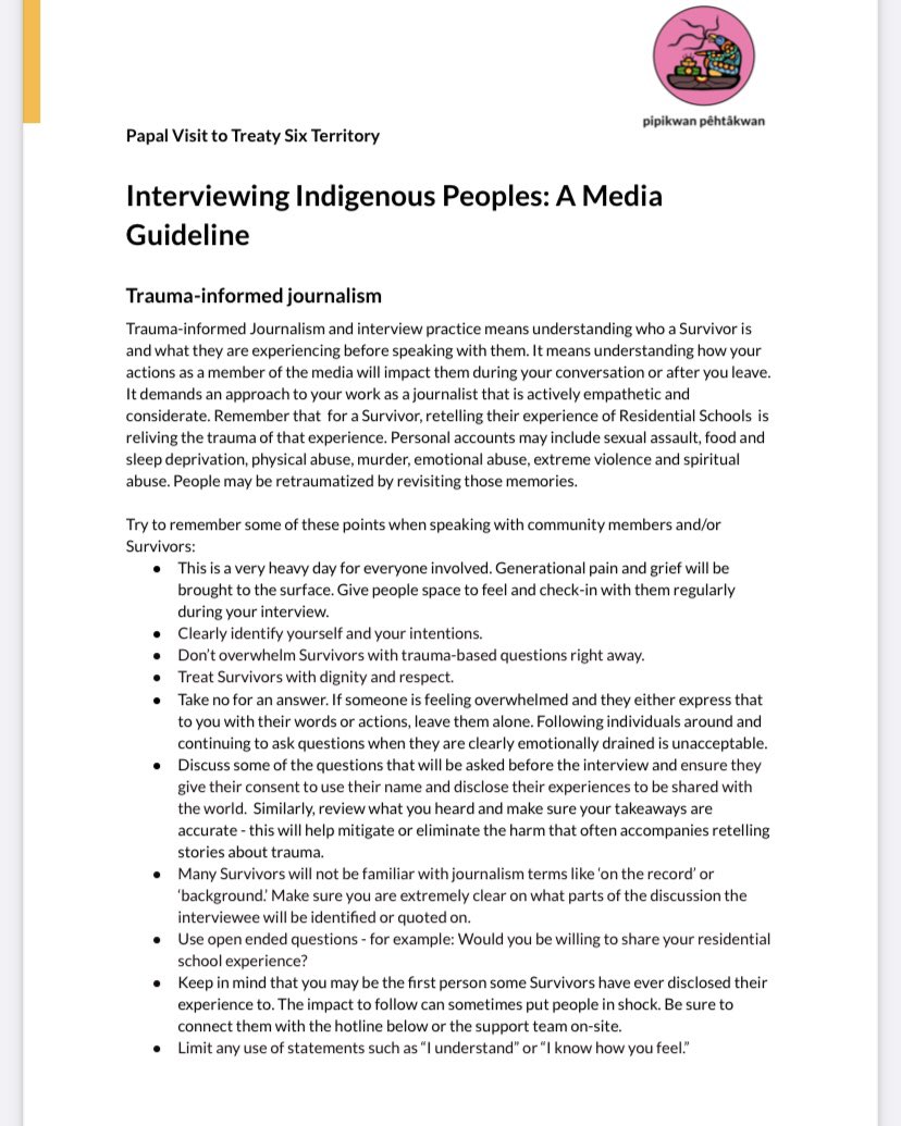 CBCradiotara's tweet photo. Ahead of the Papal Visit this summer, @pipikwanpcomms released a document titled Interviewing Indigenous Peoples: A Media Guideline. All of the tips are very relevant with National Day for Truth and Reconciliation coming up on Sept. 30, so this valuable resource is worth a read. https://t.co/c3mm2wIF3w