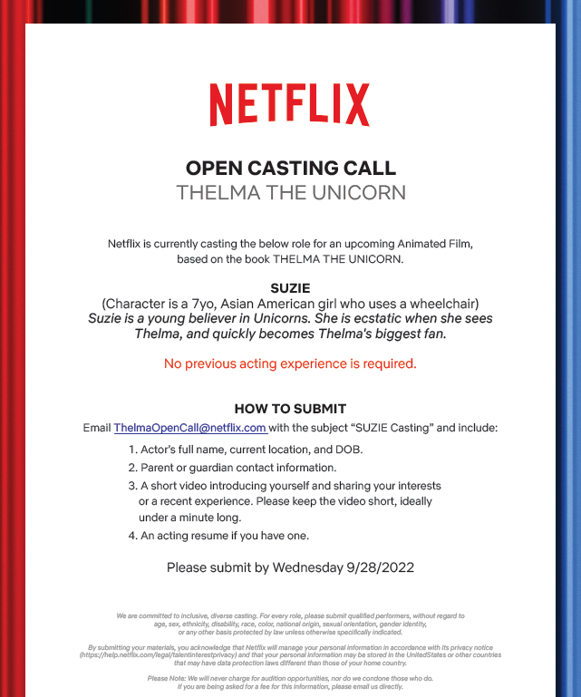 ATTENTION ALL ACTORS (AND NON-ACTORS)! <a href="/netflix/">xᴉlɟʇǝu</a> is searching for a voice actor to play a 7-year old female Asian American wheelchair user for an upcoming animated series. Learn more on our ReelAbilities International Casting Call page below. 
bit.ly/3mO0D0r