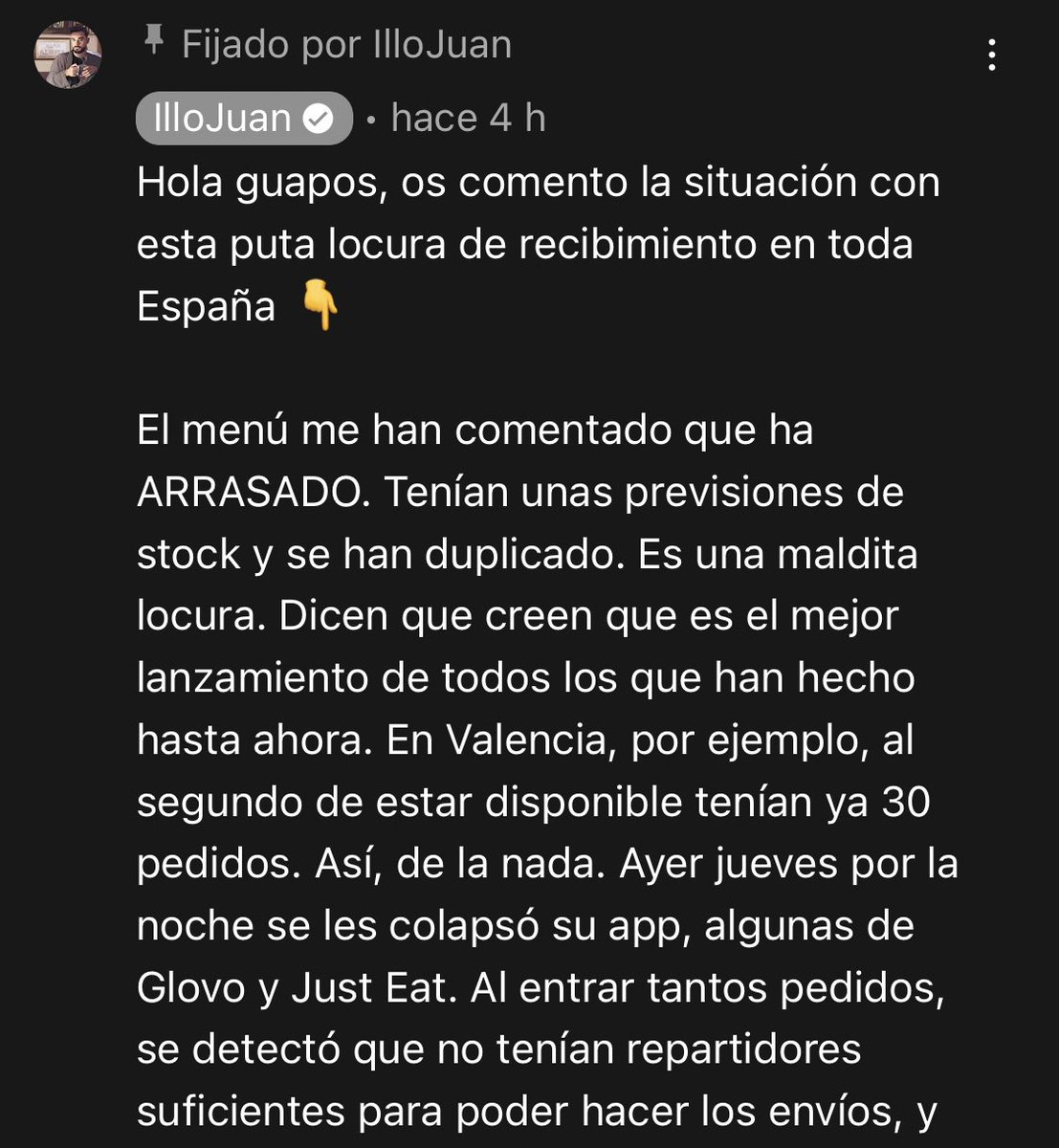 illoupdates's tweet photo. Juan en los comentarios del video en IlloJuan “Probando MI MENÚ de la Gran Familia Mediterránea 🍔”

🙌🏻 https://t.co/6QFZPtGIBj