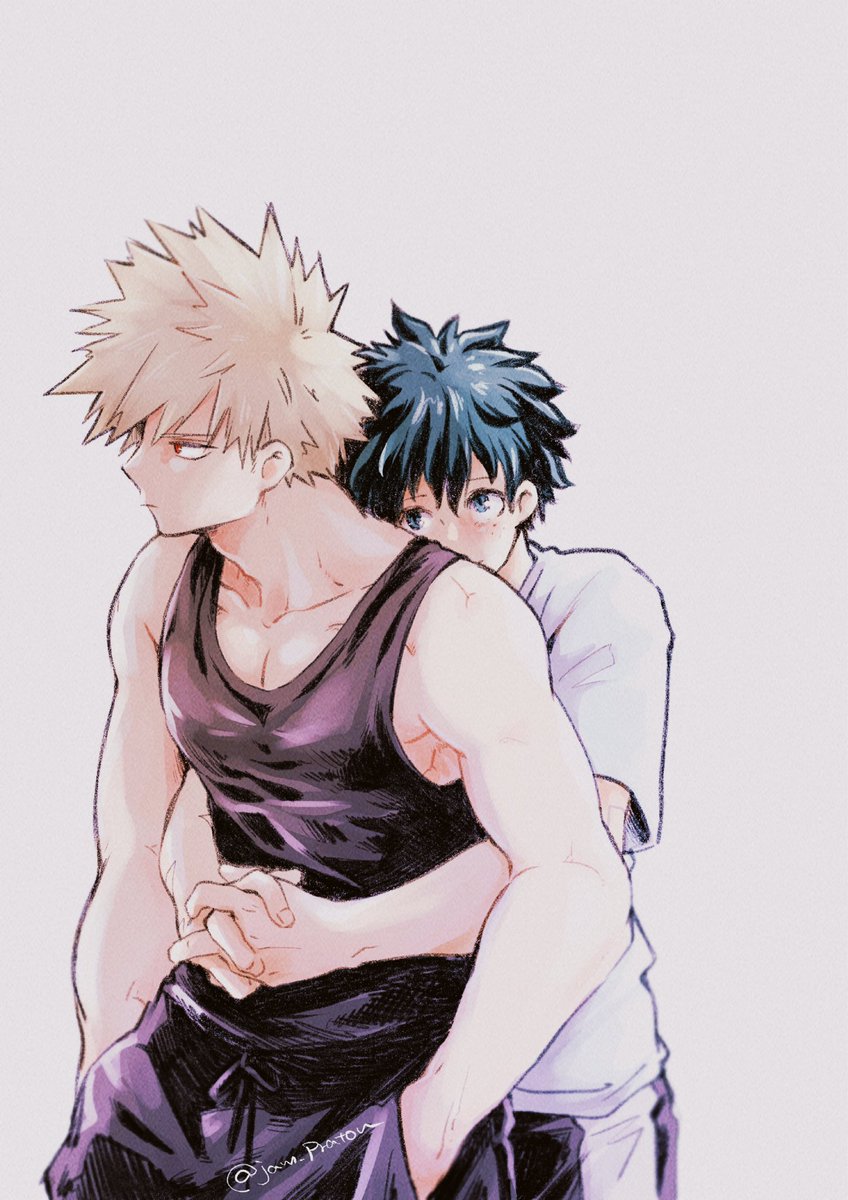 bakugou katsuki ,midoriya izuku multiple boys freckles male focus 2boys tank top hug from behind yaoi  illustration images