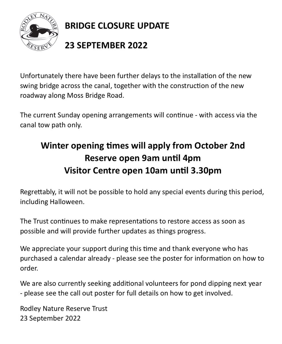 RodleyNR's tweet photo. Please see the posts below for updates on the bridge replacement, how to order our calendars and how to volunteer to help with pond dipping next season. Our last pond dipping session is on Sunday 🐌🐟🐸 https://t.co/uLsTNU2fAL