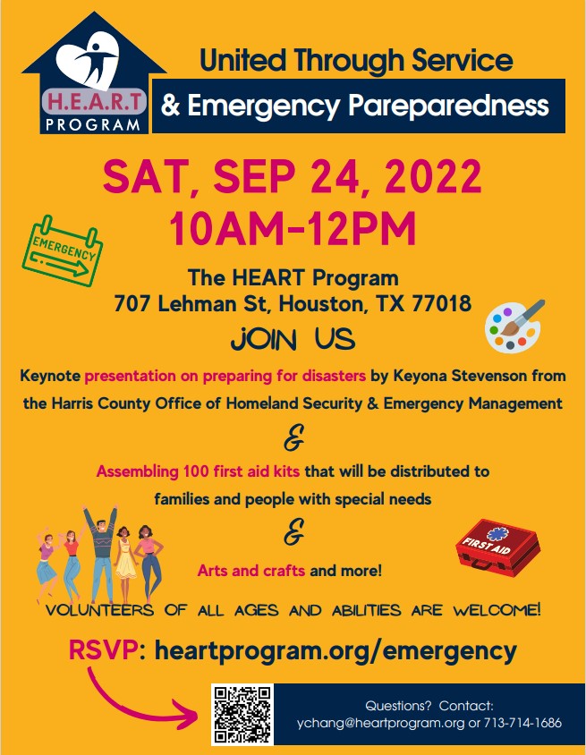 ReadyHarris's tweet photo. This Saturday is the H.E.A.R.T Program will be hosting the United through Service & Emergency Preparedness event. With activities and information on Preparing for Disasters, come and join to #BeInformed and #GetInolved! Volunteers of all ages and abilities are welcome! https://t.co/VyAPeUC5pA