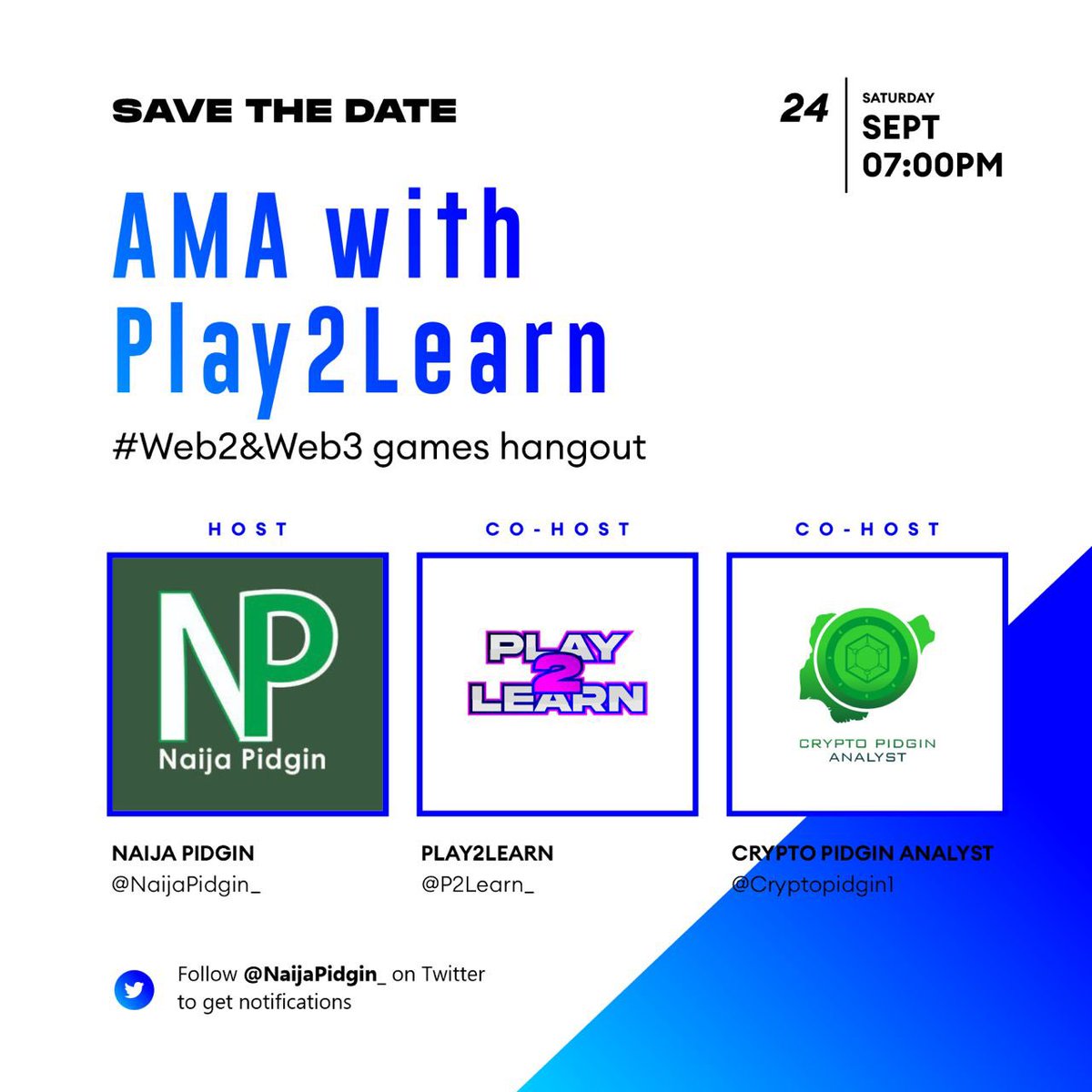NaijaPidgin_'s tweet photo. We go host di Play2Learn @P2Learn_ @CryptoPidgin1 founders for twitter space tomorrow 24TH SEPT, make dem shine more light abt dia #Play2Learn event wey go happen for Lagos next month. 

Join us for di space as we go share free tickets, airtime, Data and Cash inside the space. https://t.co/7lPQE3kTjt