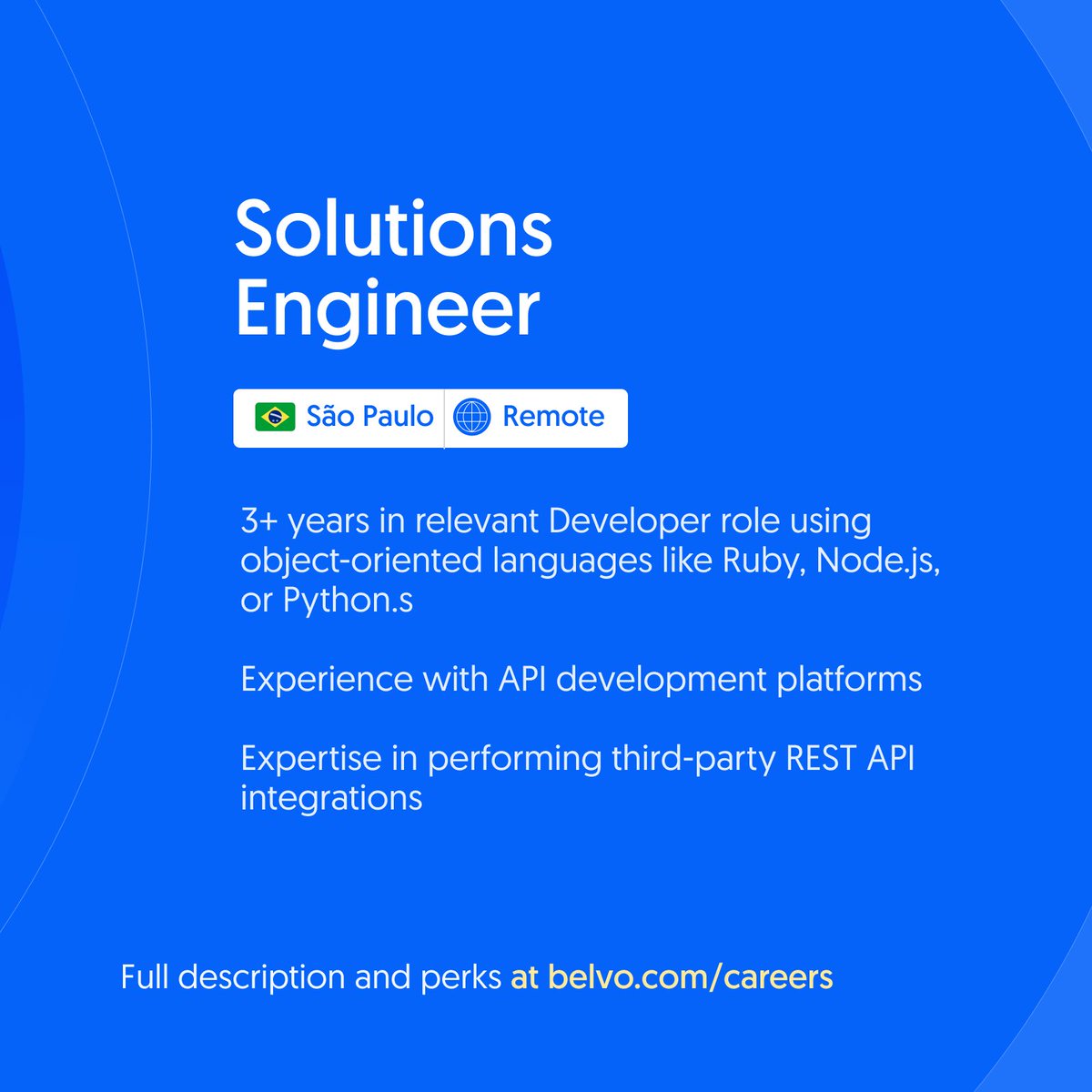 joinbelvo's tweet photo. We're looking for a Solutions Engineer to join our team in 🇧🇷 São Paulo or remotely.

Does the description below sound like you? If so, learn more about this position and the benefits of working at Belvo: https://t.co/KZG1GiqKlM

#JoinBelvo @viumavaga @bolhatech @bolha_dev https://t.co/jUY2mGzhhr