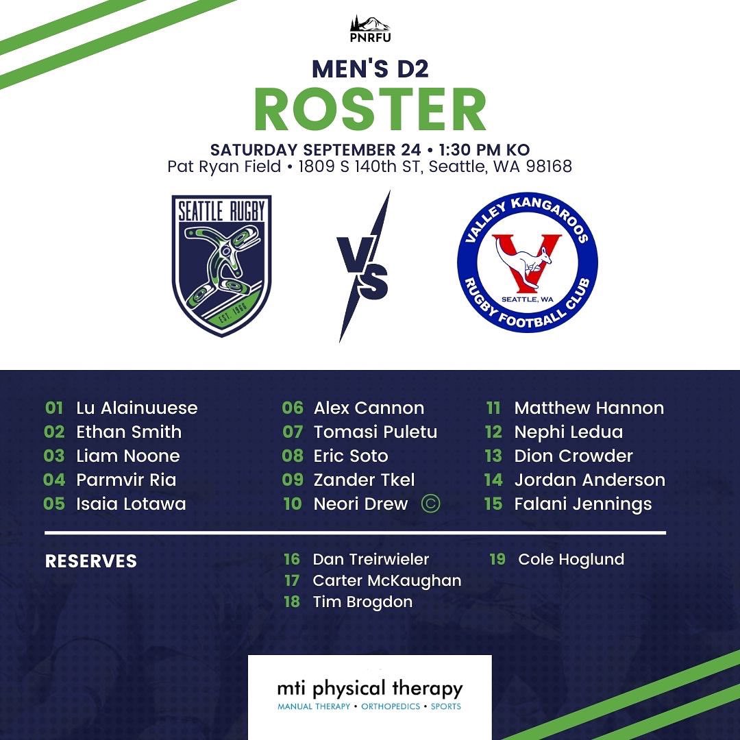 SeattleRugby's tweet image. Your Seattle Rugby Men’s rosters for the weekend 📋

Our BCRU squad is back across the border to @MeralomaRugby and PNRFU squad have a crosstown matchup vs @valleykangaroos 

Seattle fans can catch all the action at 1:30pm at Pat Ryan Field!
