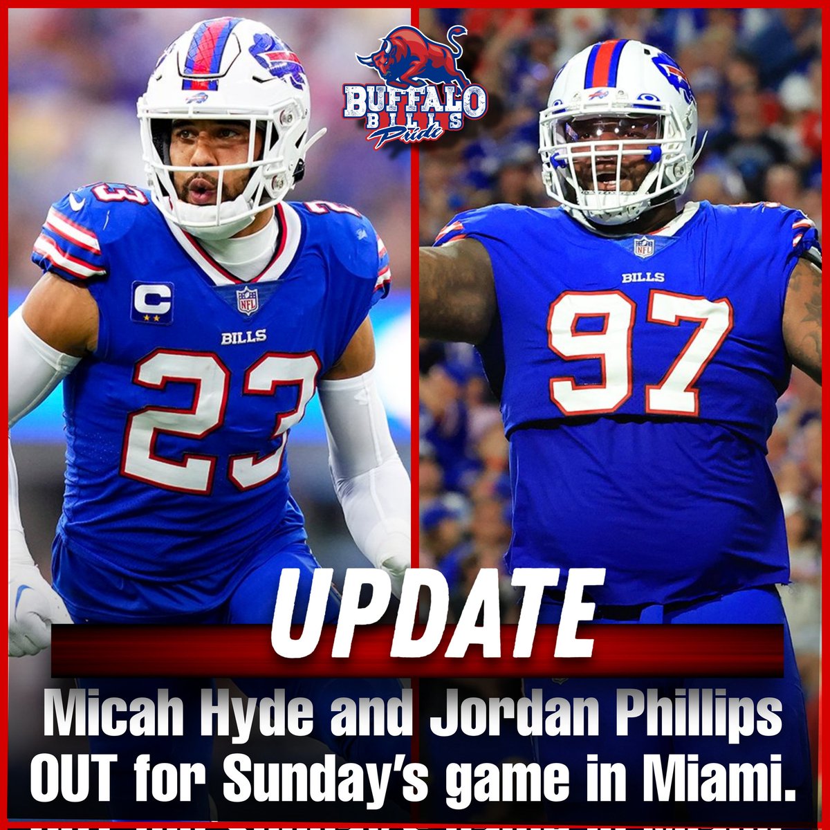 FredKilmartin80's tweet photo. Coach McDermott has ruled Micah Hyde and Jordan Phillips OUT for Sundayโs game in Miami.
#BUFvsMIA #BillsMafia #MicahHyde #JordanPhillips https://t.co/8sCh6EDkdF
