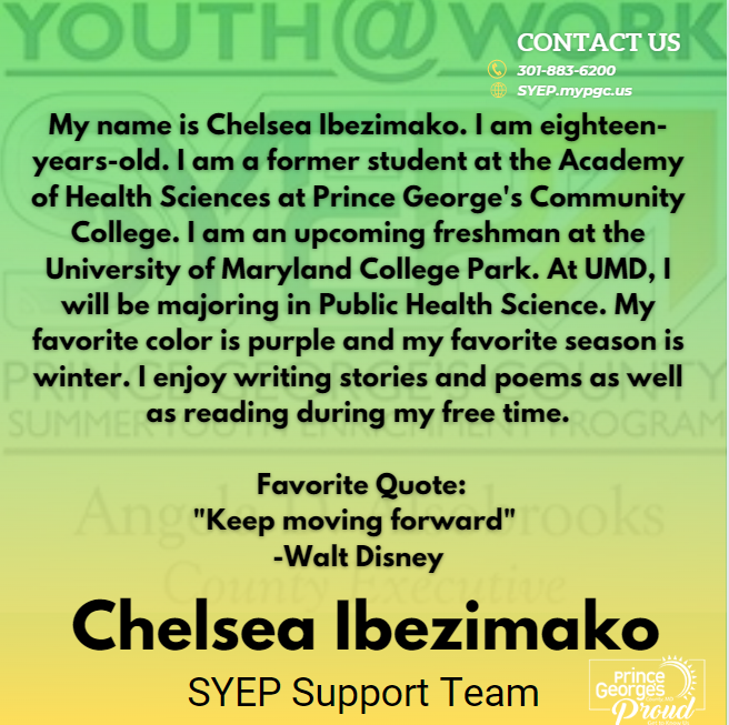 PGCSYEP's tweet photo. #PGCSYEP - Meet Youth at Work Talent Pipeline Participant Chelsea Ibezimako!  Prince George's County young adults are making a mark on the County!  We are #PrinceGeorgesProud #SYEPintern #ThankYou https://t.co/n8Aya1bl4l