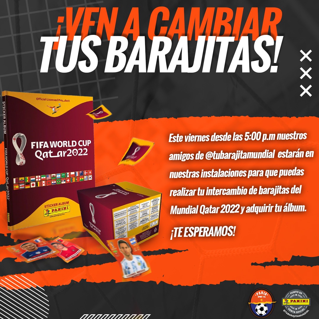 PariaSport's tweet photo. Hoy a partir de las 5:00 p.m en el Centro Deportivo Paria Sport Sebucán tendremos la visita de nuestros amigos de @tubarajita allí podrás cambiar y adquirir tus barajitas del Mundial Qatar 2022, ¡Te esperamos! https://t.co/Sk75ks9gta