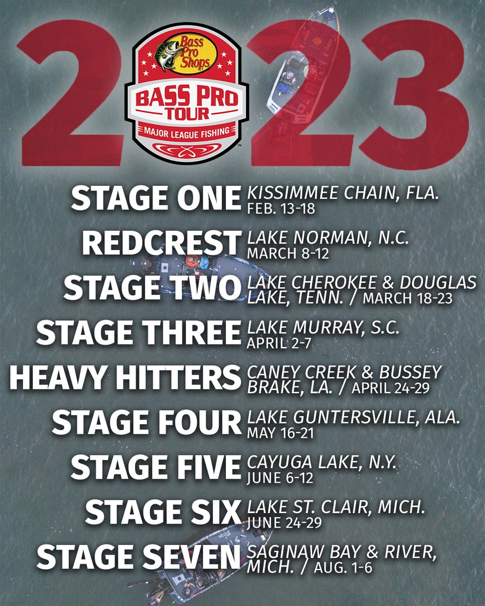 MajorLeagueFish's tweet photo. 🚨 2023 Bass Pro Tour Schedule 🚨

Leave your "way too early" Stage predictions in the comments! https://t.co/xyGz2FWC4Q