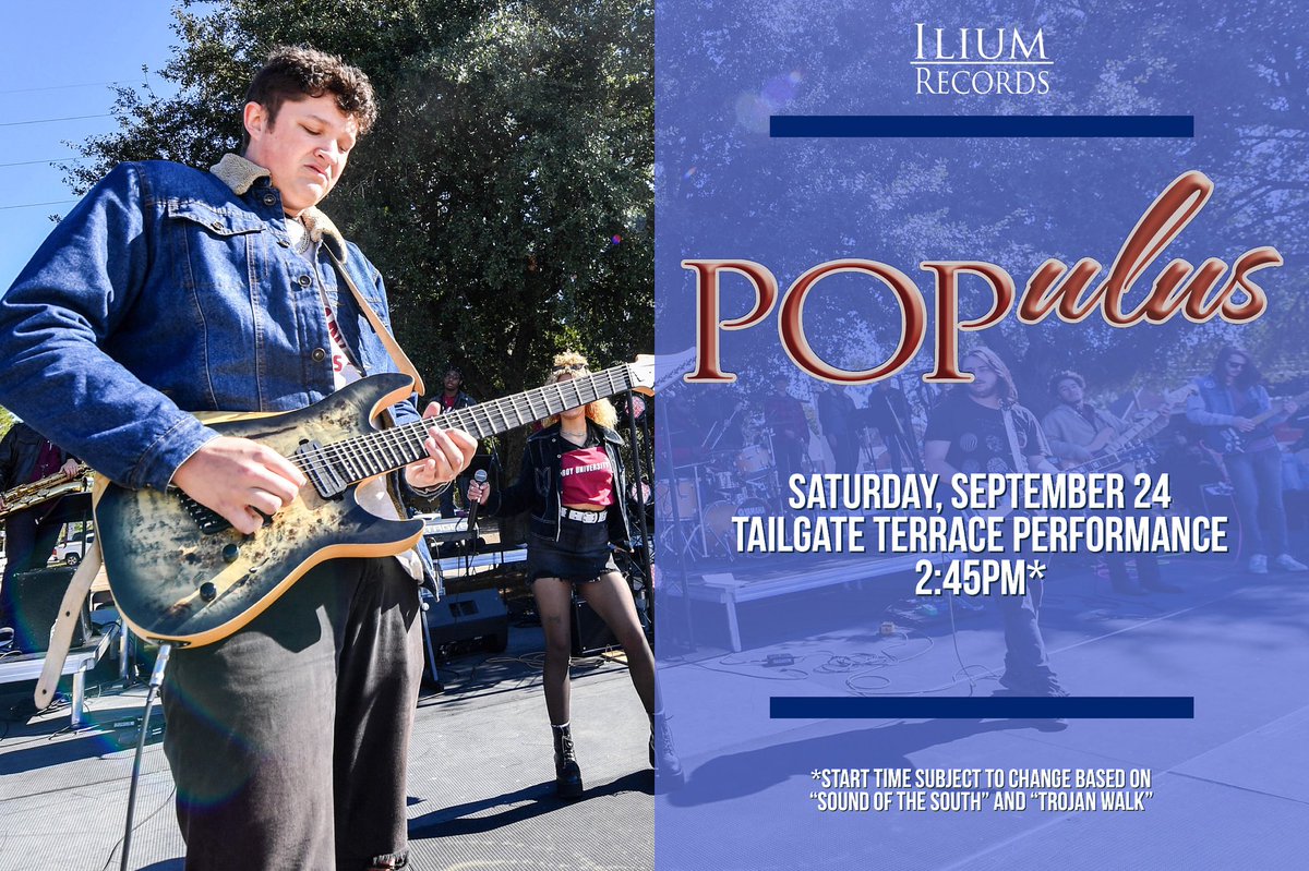 PopulusBand's tweet image. Come join POPulus and the Sound of the South on Tailgate Terrace tomorrow around 2:45*! We are ready to jam out with you on game day with a set list made for EVERYONE!!

*Start time is subject to change based on ”Sound of the South and Trojan Walk”