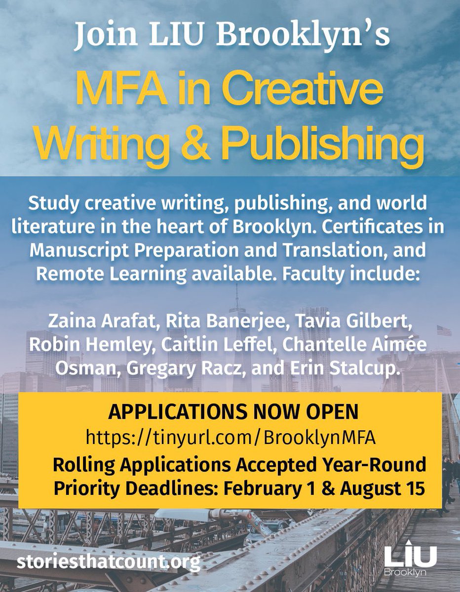 Applications to our #MFA im #CreativeWriting &amp; #Publishing, and Certificates in #Translation &amp; #ManuscriptPreparation are open through Feb 15, 2023 &amp; August 15, 2023 for Fall 2023 &amp; Spring 2024 enrollment. Remote learning available. Apply now!

storiesthatcount.org/application-gu…