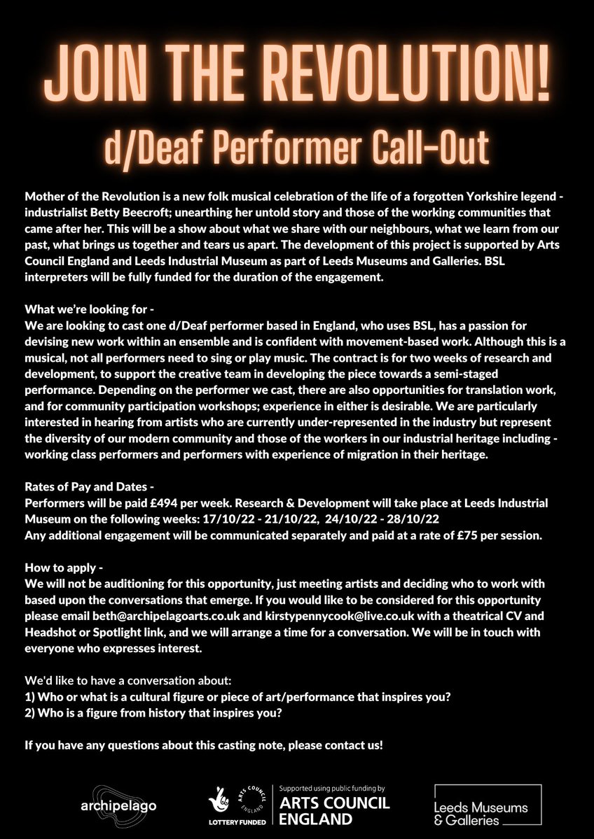 👋 d/Deaf Performers👋

We're looking for a performer to join our #MotherOfTheRevolution team! Contact <a href="/k_pennycook/">Kirsty Pennycook</a> to chat about our research and development period 17th - 28th Oct in Leeds

#deafactors #SignLanguageDay2022 @graeae <a href="/Limping_Chicken/">The Limping Chicken | Deaf Culture, News and Arts</a> <a href="/DeafinitelyT/">Deafinitely Theatre</a> @deaftalentcltv