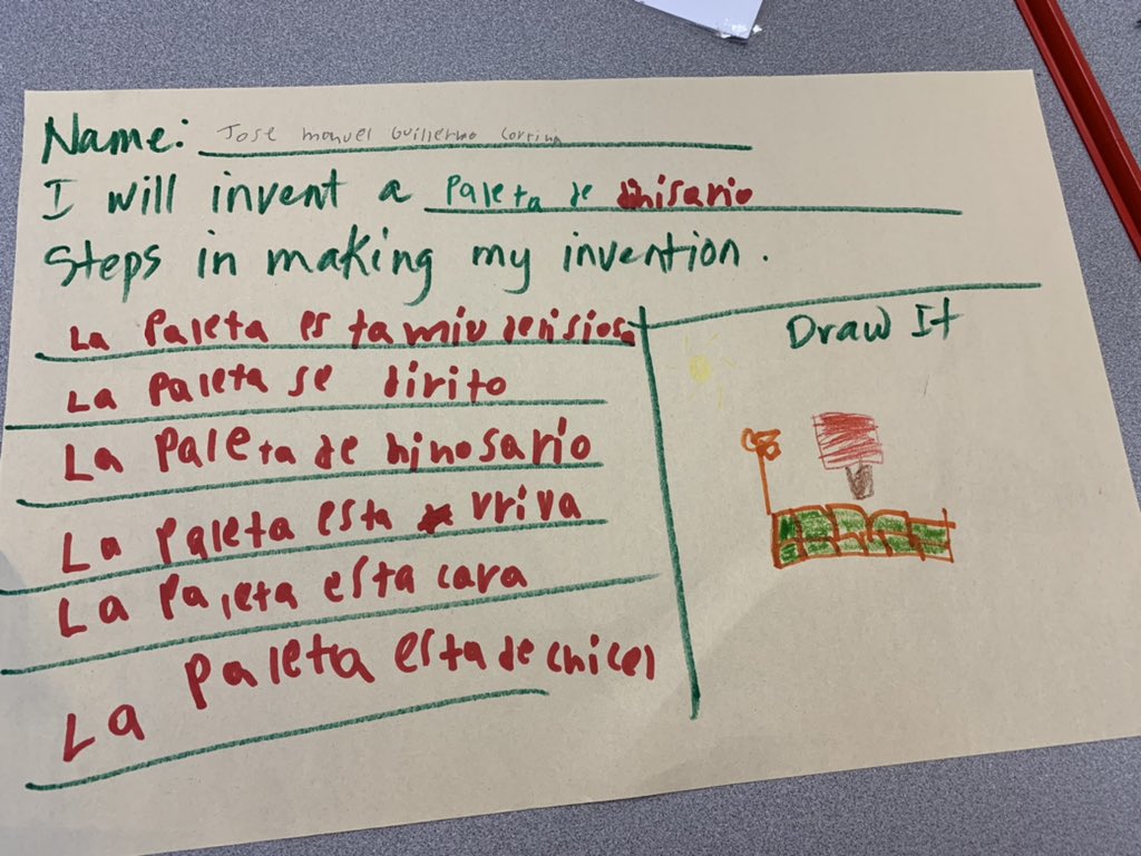 edacpano1's tweet photo. my intersession second graders got some ideas after reading the book, The boy who invented the popsicle. I asked them to think about something they want to invent and they said, elote cookies, elote gummies, galleta farata (?), palleta de dinosario(dinosaur) @DorseyWildcats https://t.co/xRrn2mRmyT
