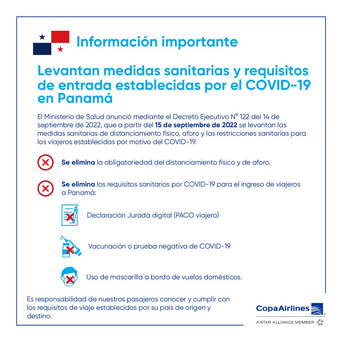 CopaAirlines's tweet photo. IMPORTANTE: A partir del 15 de septiembre de 2022, se levantan medidas sanitarias y requisitos de entrada por COVID-19 en #Panamá. Más información aquí 👇 https://t.co/Uytzk3SuEU