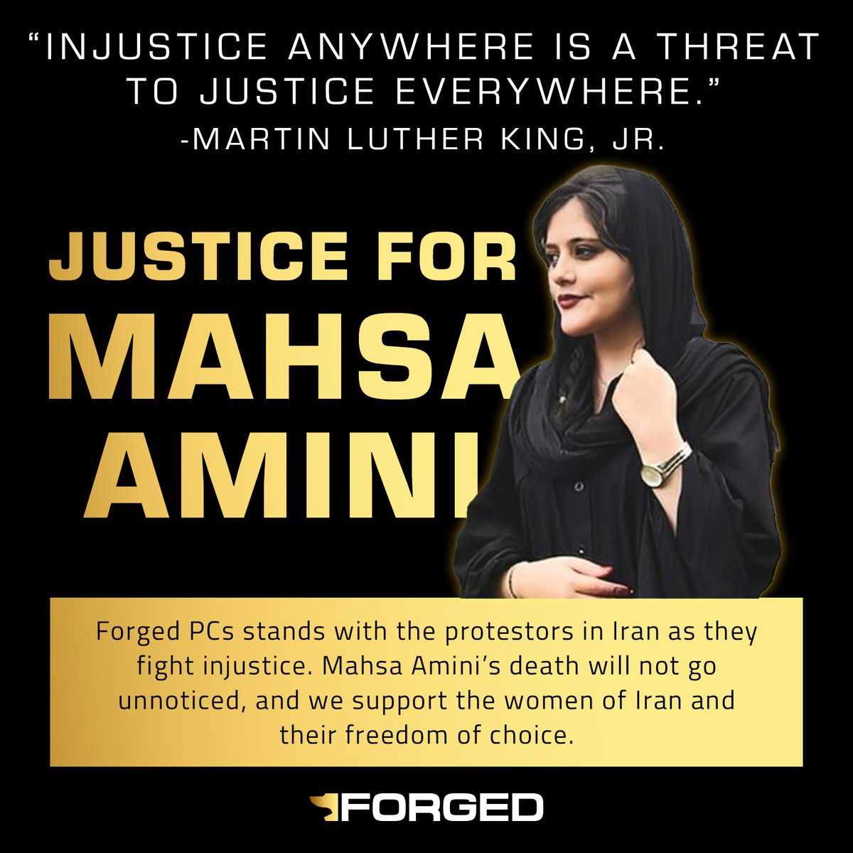 ForgedPCs's tweet photo. Whatever your stance is on any social issue, violence is never the answer. Mahsa Amini had the courage to stand up for what she thought was right. We hope her family gets justice. Rest in peace Mahsa. #MahsaAmini https://t.co/ybIzpJjlR7