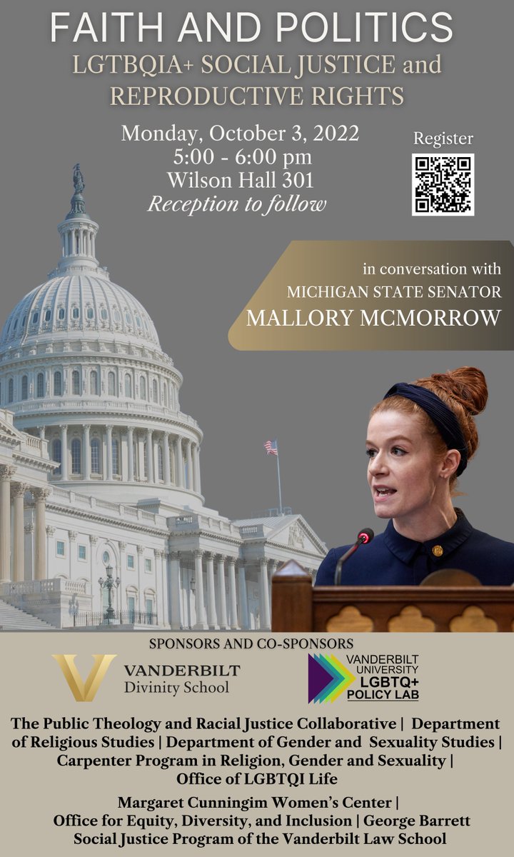 VanderbiltRLST's tweet photo. Join in the conversation with Michigan State Senator @MalloryMcMorrow of Faith and Politics!!
Monday, October 3, 2022 5p - 6p in Wilson Hall 301

@VUDivinity @VanderbiltU 
#vandy #religiousstudies #lgtbqia+ #socialjustice #reproductiverights  #mallorymcmorrow https://t.co/14QNQsp19K