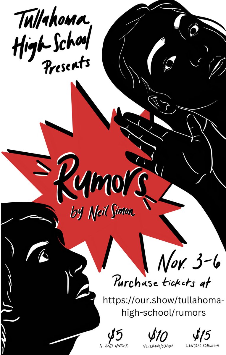 Tullahoma High School Theater presents Neil Simon's Rumors, November 3-6. Tickets available : our.show/tullahoma-high… 
<a href="/TCSPublic/">TullahomaCitySchools</a>  <a href="/TullahomaHS/">Tullahoma HS</a> <a href="/DrCatStephens/">Dr. Catherine Stephens</a>