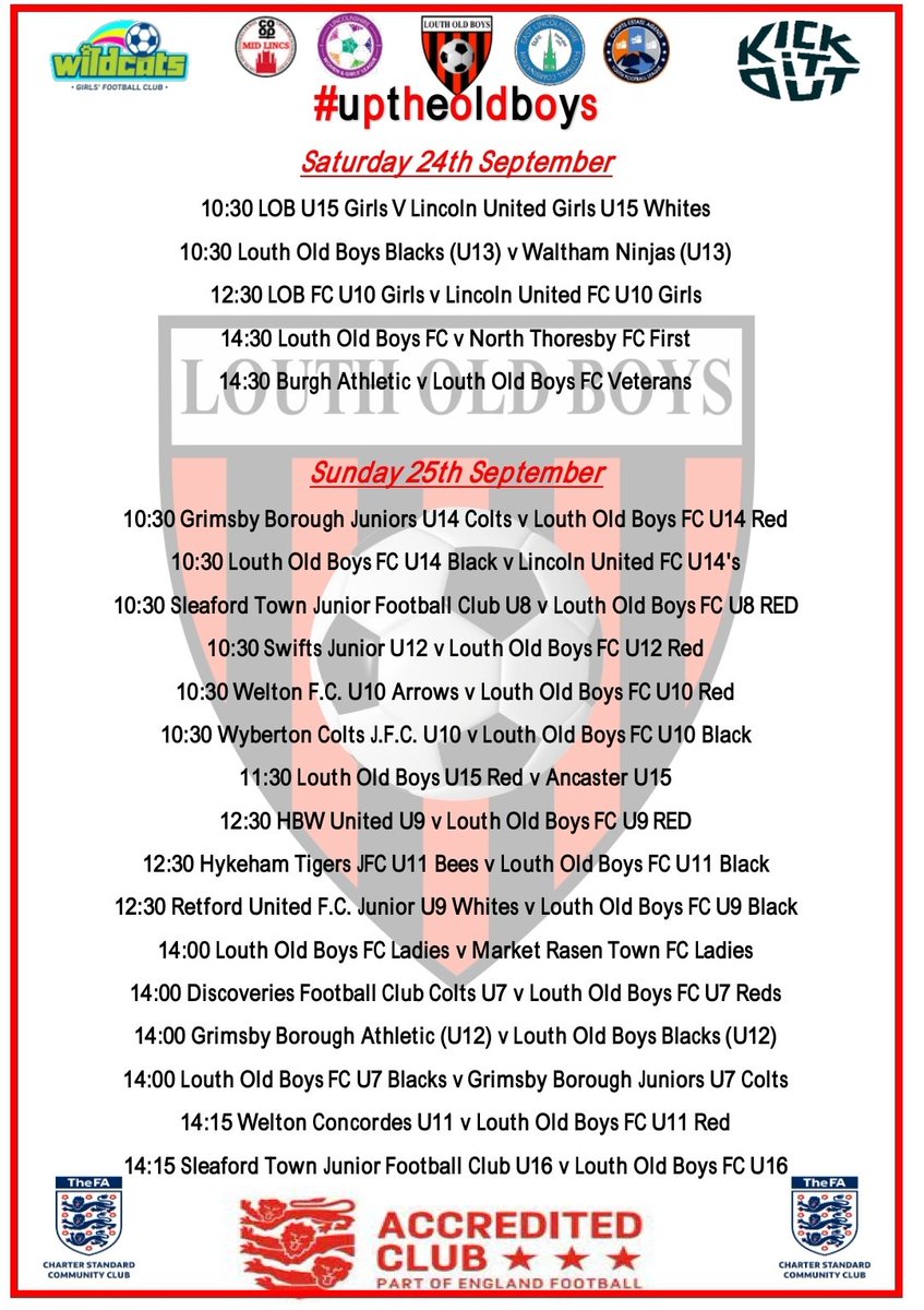 This weekend's Fixtures ⚽️⚽️⚽️

#uptheoldboys #CommunityClub #louth #grassroots #LOBFamily #kickitout #lobgirls #lobladies #wereallgrassroots #lobseniors 🔴⚫🔴⚫🔴⚫🔴⚫🔴⚫🔴⚫