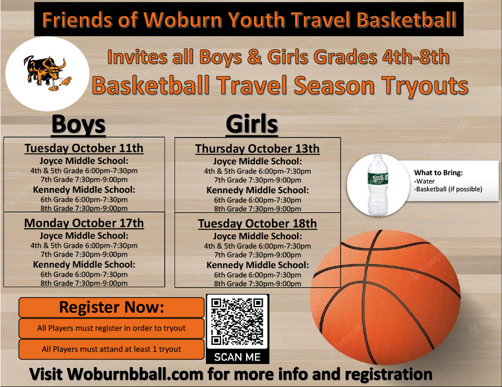 Woburnbball's tweet photo. Friends of Woburn Travel Basketball proudly invites all 4th-8th grade Boys and Girls to the 2022-2023 Basketball Travel Season Tryouts.

 The time has come! Register now: 
https://t.co/PSdUb8miJ8 https://t.co/28huOePuuh