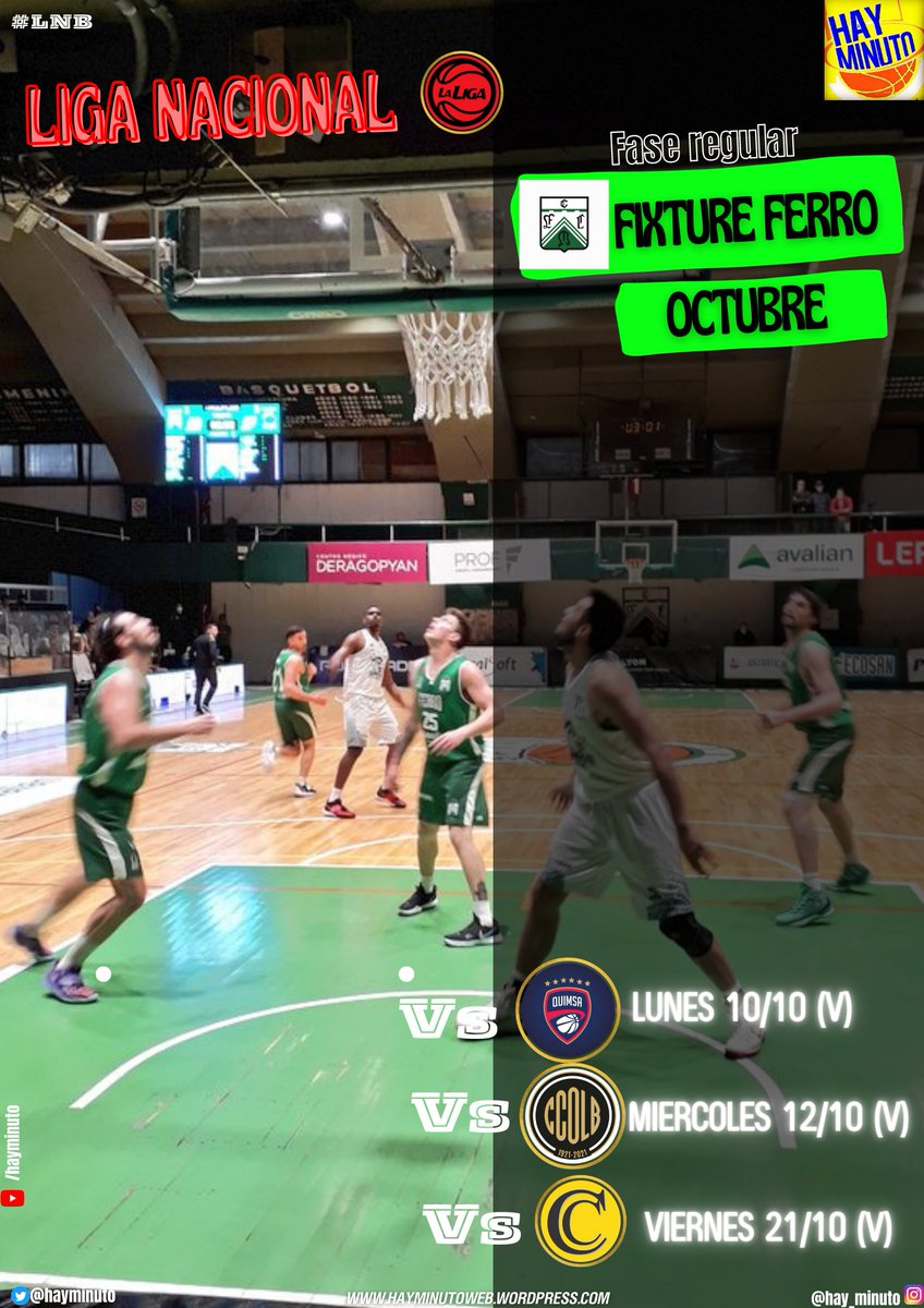 #LigaNacional ⛹️‍♂️

Cuenta regresiva p el inicio de 1 nueva temporada q inicia el 6 OCT

📍el Fixture de <a href="/ferrobasquetok/">Ferro Carril Oeste Basquet</a> que tendrá sólo 3 juegos en OCT y de visita
 
🗓Lunes 10 🆚️ <a href="/AAQuimsa/">AA QUIMSA</a> (V) 

🗓Miércoles 12 🆚️ <a href="/OlimpicoLB/">Ciclista Olímpico La Banda</a> (V) 

🗓Viernes 21 🆚️ <a href="/comumercedes/">Club Comunicaciones Mercedes</a> (V)

#LNB 🇦🇷