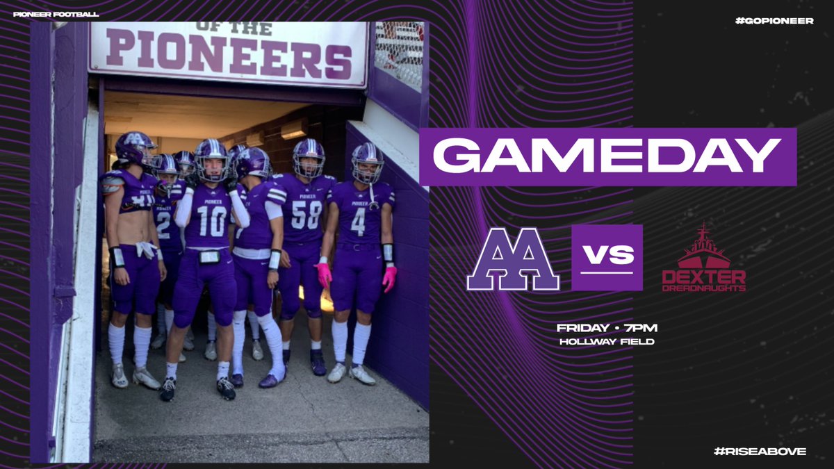 AAPioneerSports's tweet photo. Its GAMEDAY! Kickoff on Hollway Field is tonight at 7PM. Come cheer on the Varsity Football team as they take on Dexter HS! 
@A2_Pioneers_FB
 #RiseAbove #GoPioneer #PioneerNation #LetsRide https://t.co/n8toashpyQ