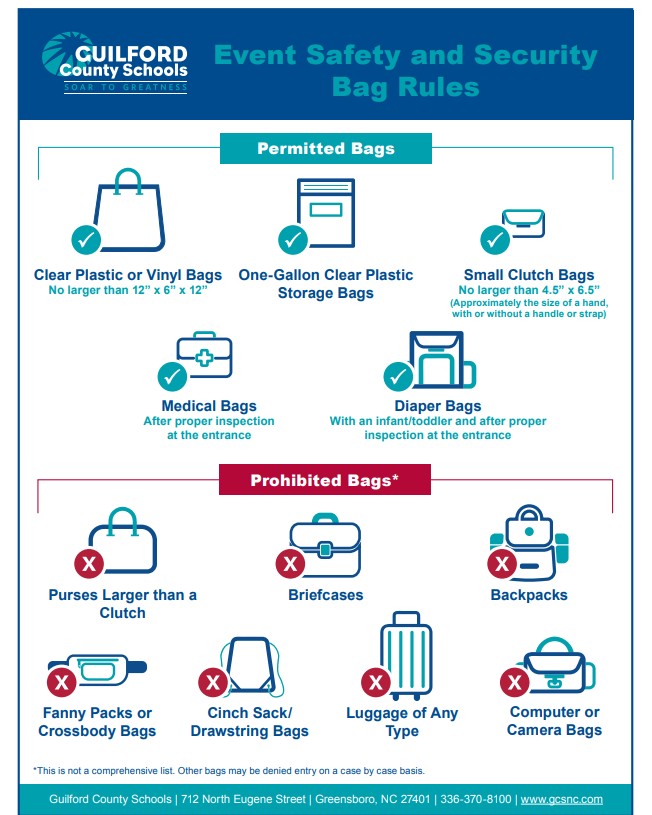 STARTING TONIGHT! Purses, backpacks and other traditional bags will not be allowed at sporting events.  Acceptable bags must be made of clear plastic or vinyl, including gallon-sized or smaller zip storage bags. Learn more at gcsnc.com/athletics.