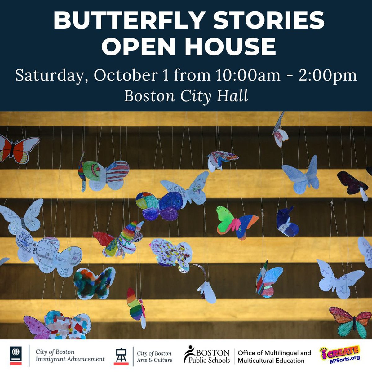BostonSchools's tweet photo. More than 1,000 butterflies submitted by BPS students are hanging in City Hall. These butterflies represent that everyone in Boston can take pride in their identities and family histories. Come see the exhibit on Saturday, October 1 from 10am-2pm. #BOSimmigrants @BOSImmigrants https://t.co/ADkZcyLbDJ