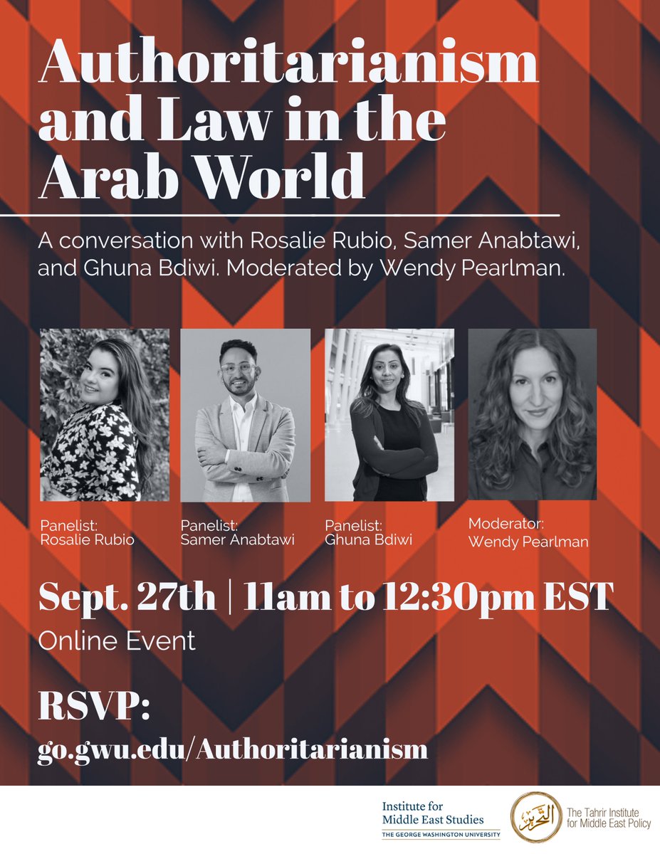 📢 Join TIMEP &amp; <a href="/IMESatGWU/">IMES</a> virtually on Tues, 9/27 at 11am to hear from @rosalieru6io, <a href="/gmbdiwe/">Ghuna Bdiwi, PhD</a>, &amp; @anabtawi_s on their work in a special issue of <a href="/ArabLawQr/">Arab Law Quarterly - مجلة القانون العربي الفصلية</a> edited by <a href="/maitelsadany/">Mai El-Sadany</a> and Nathan Brown in a talk moderated by <a href="/Wendy_Pearlman/">Wendy Pearlman</a>. 

Register here:
imes.elliott.gwu.edu/events/authori…