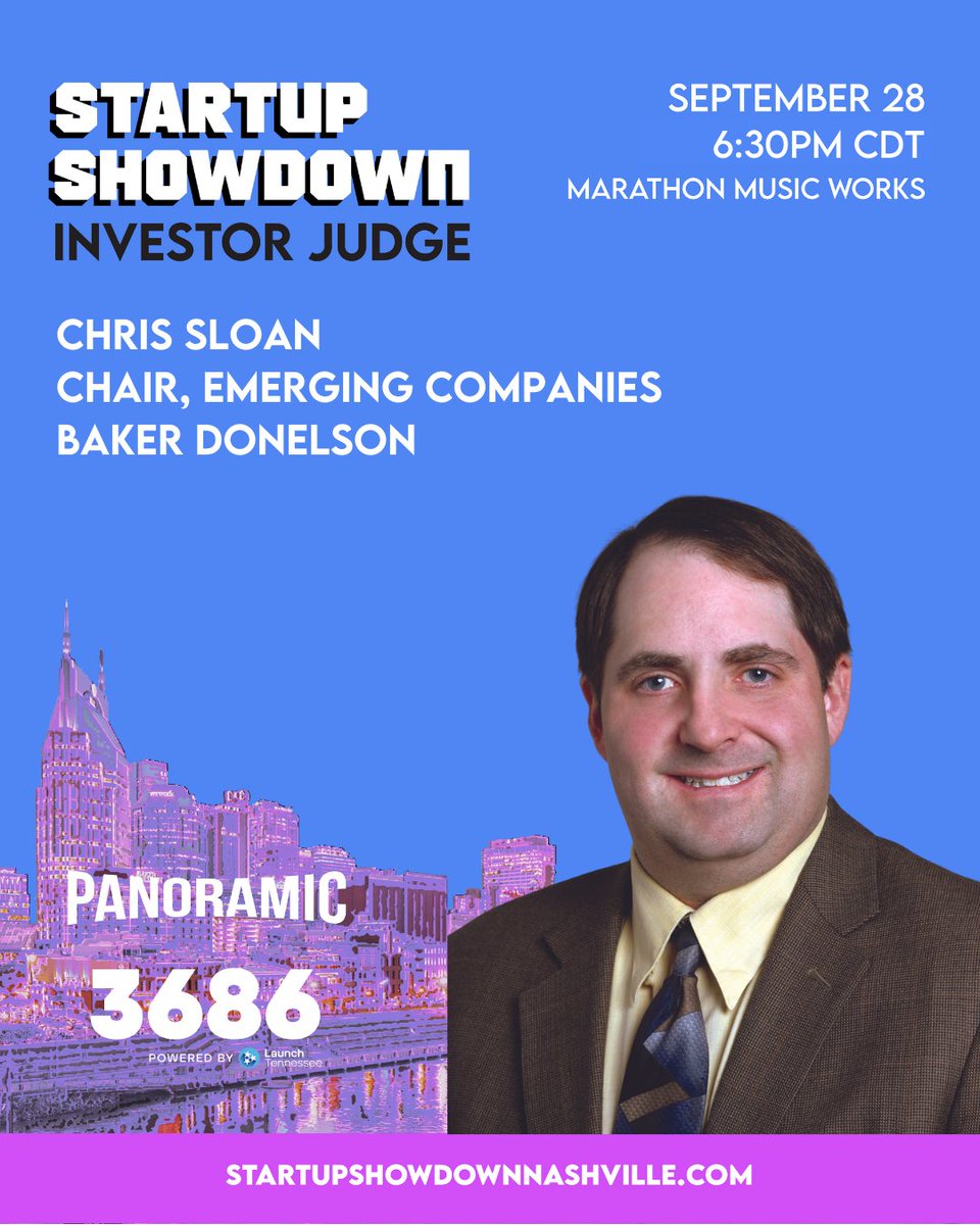 Baker_Tech's tweet photo. Chris Sloan, chair of Baker Donelson’s Emerging Companies group, will be featured as a guest judge at the upcoming Startup Showdown in partnership with 3686. https://t.co/f5QjLy5RvG https://t.co/QezsK2H9ds