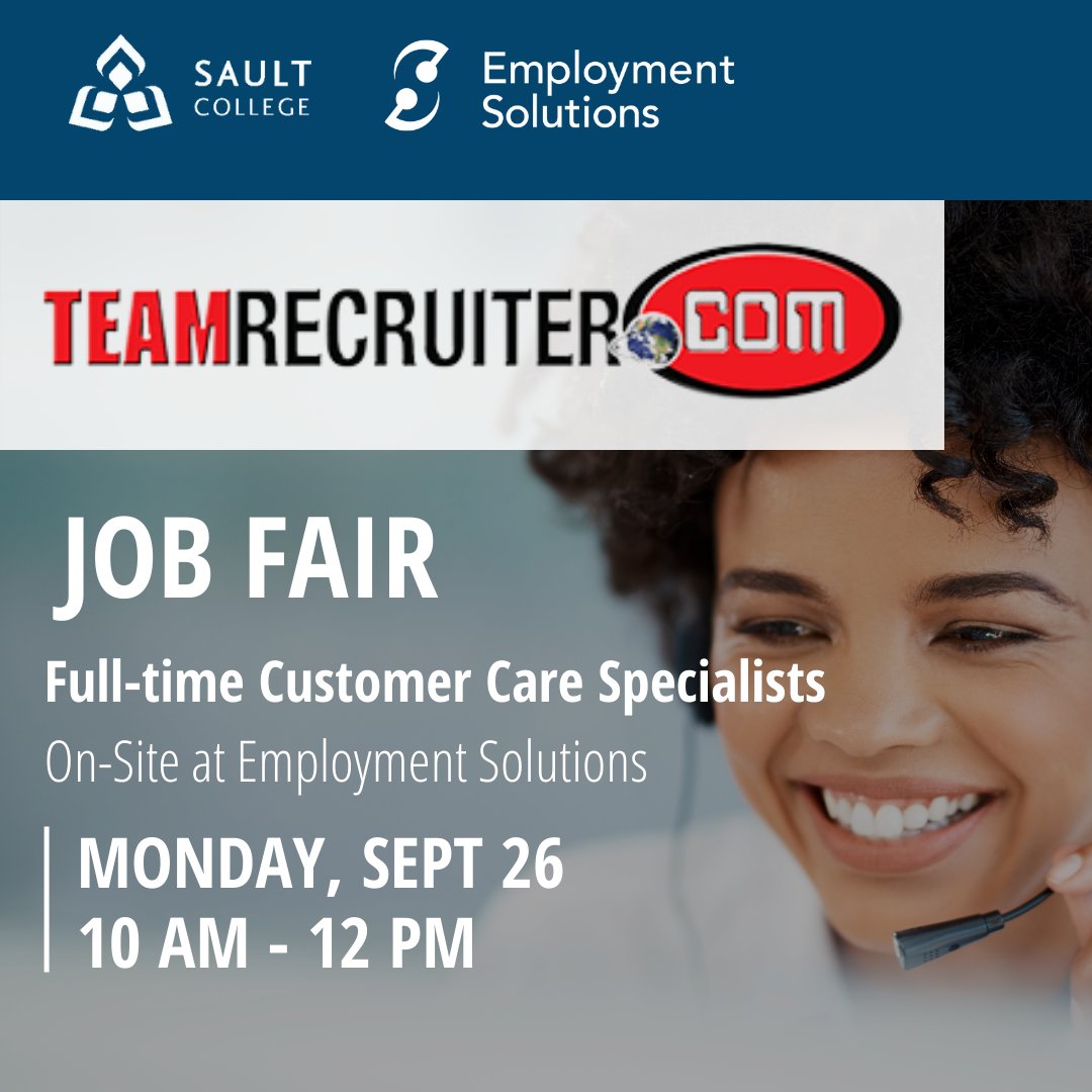 SaultCollegeES's tweet photo. https://t.co/TZSLP5Suk8 will be at Employment Solutions on Monday, Sept 26 from 10 AM -12 PM for a Full-Time Customer Care Specialist position!
This is a FULL-TIME, hybrid, shiftwork position, starting at $23/hour. 
Find the full job posting here: https://t.co/7EOch3OPvj https://t.co/stM9Zueuln