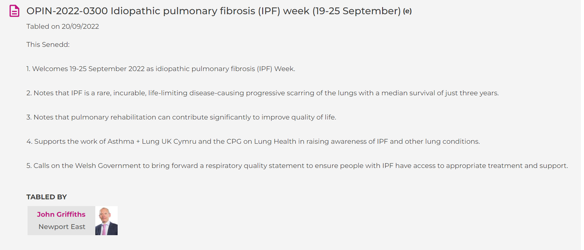 JGriffithsLab's tweet photo. 🫁 In support of #IPFWeek here is my statement of opinion, tabled earlier this week. 

I'm really happy to have cross-party support on urging @WelshGovernment to bring forward a respiratory quality statement to ensure people with IPF have access to appropriate treatment &amp; support https://t.co/BTuh1ydkpd