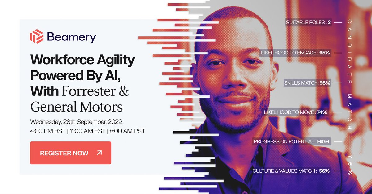 BeameryHQ's tweet image. Join us for a webinar on Workforce Agility Powered by AI, with speakers from @forrester and @GM. This will be a discussion about the use cases of AI across the talent lifecycle and will be moderated by Pamela Stroko, VP of Thought leadership at Beamery. 

ter.li/70d1c4