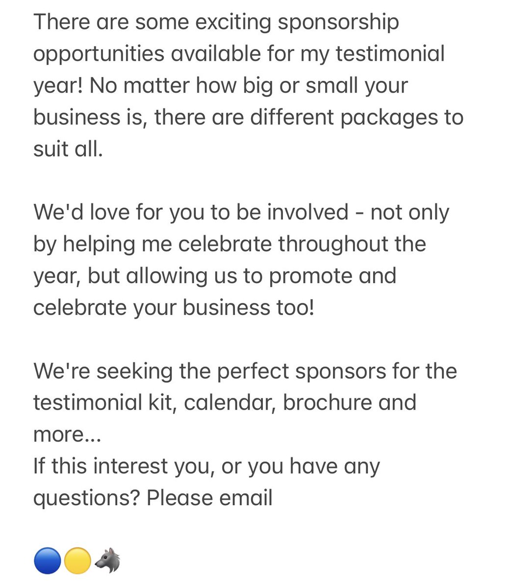 Please read and have a look at some sponsorship opportunities to get involved in my testimonial year! 🐺

Any questions please contact us..

bencurrietestimonial@gmail.com