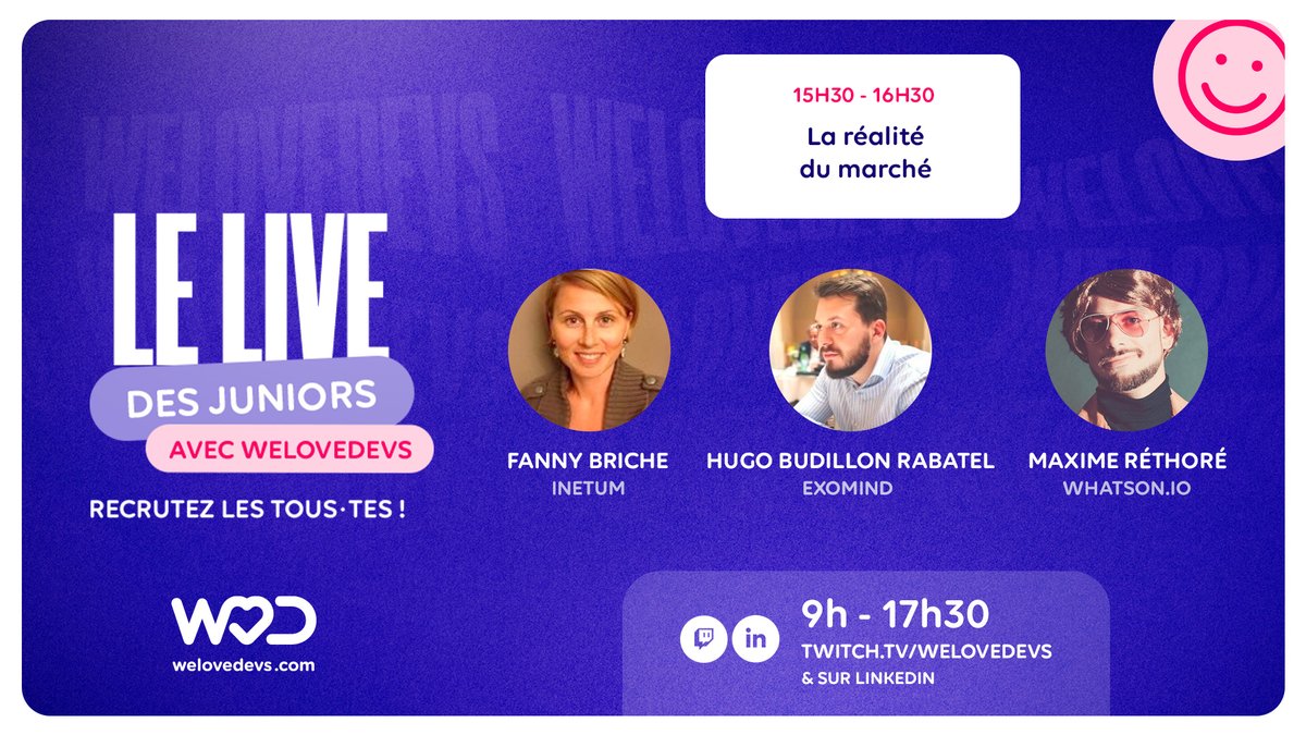 C'est parti pour le 5e sujet de la journée ! 
On parle réalité du marché avec <a href="/inetum_fra/">Inetum (en français)</a> <a href="/exomind_fr/">exomind</a> <a href="/whatsonweblille/">whatsonWeb</a> et @AlicesGardenFr 🎉

Sur Twitch (abonnez-vous) : w3d.to/twitch
Sur Linkedin : w3d.to/LIVE-JUNIORS-W…