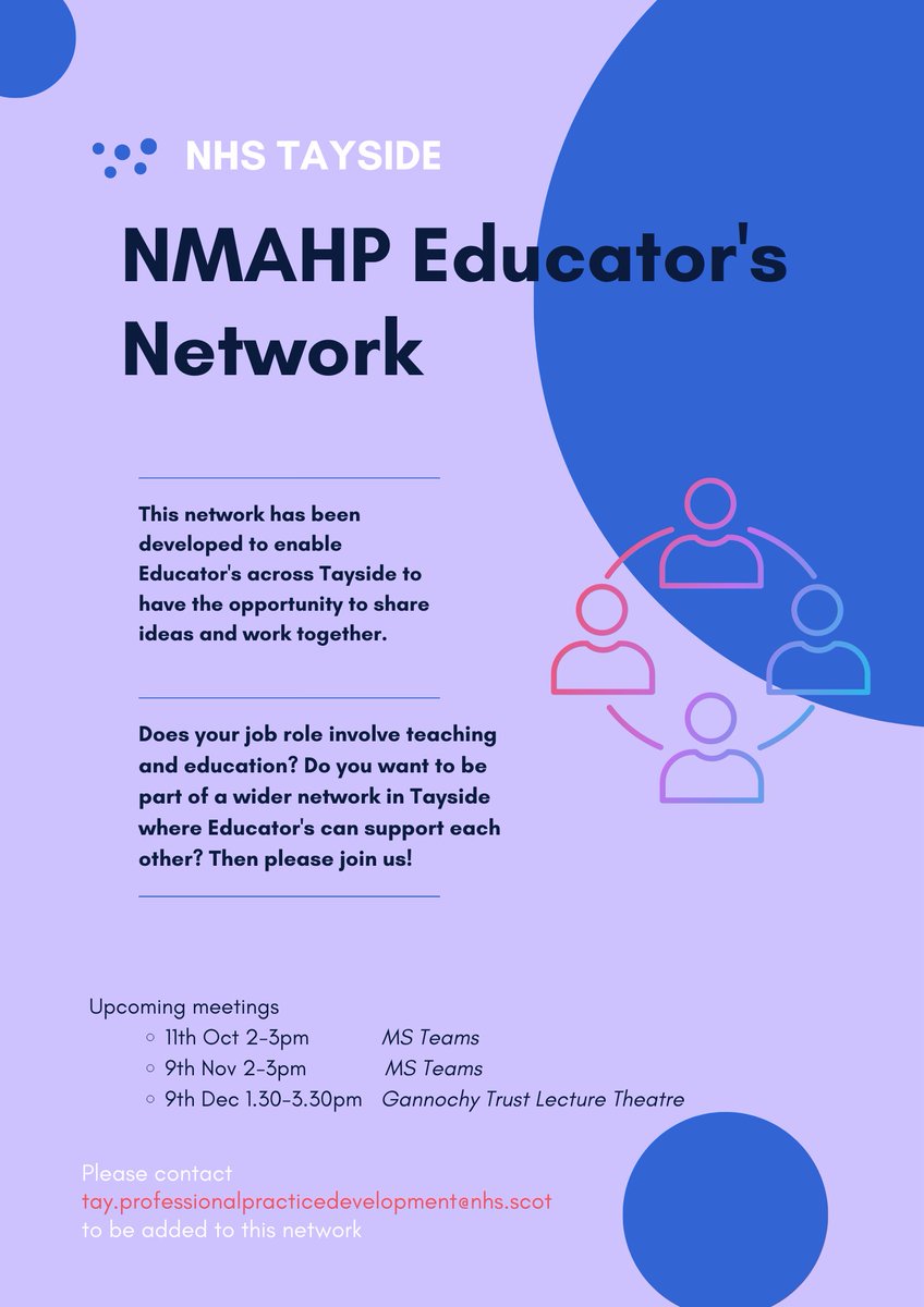 Are you an NMAHP Educator in NHS Tayside? Did you know a network has been set up locally, with monthly informal meetings enabling colleagues to get together and share experiences in their current practice. Please see poster for more information on how to join.
