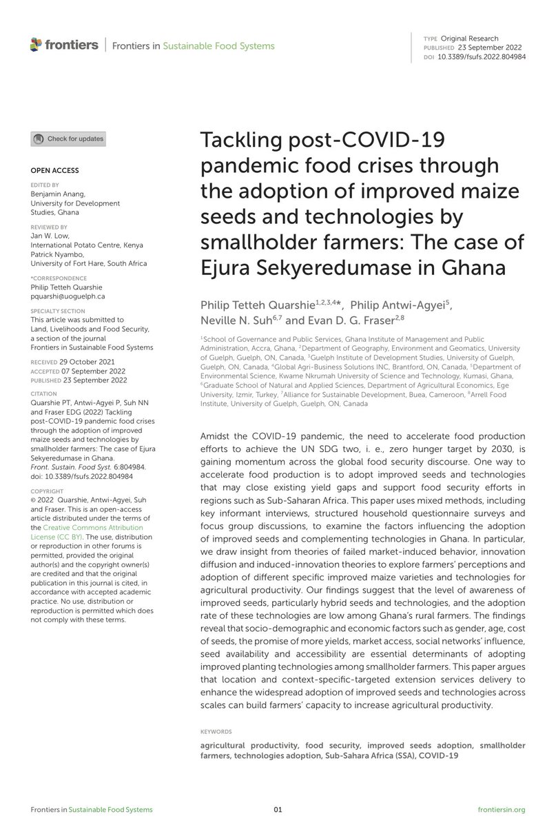 Super excited to write &amp; publish this research paper w/ great minds, mentors and advisors - @NdohnwiSuh , <a href="/pantwiagyei/">Philip Antwi-Agyei</a> , <a href="/Feeding9Billion/">Evan D. G. Fraser</a> 

Tackling post-Covid-19 pandemic #Agriculture #productivity &amp; #food crises …in Sub-Saharan #Africa. 

Open access: frontiersin.org/articles/10.33…