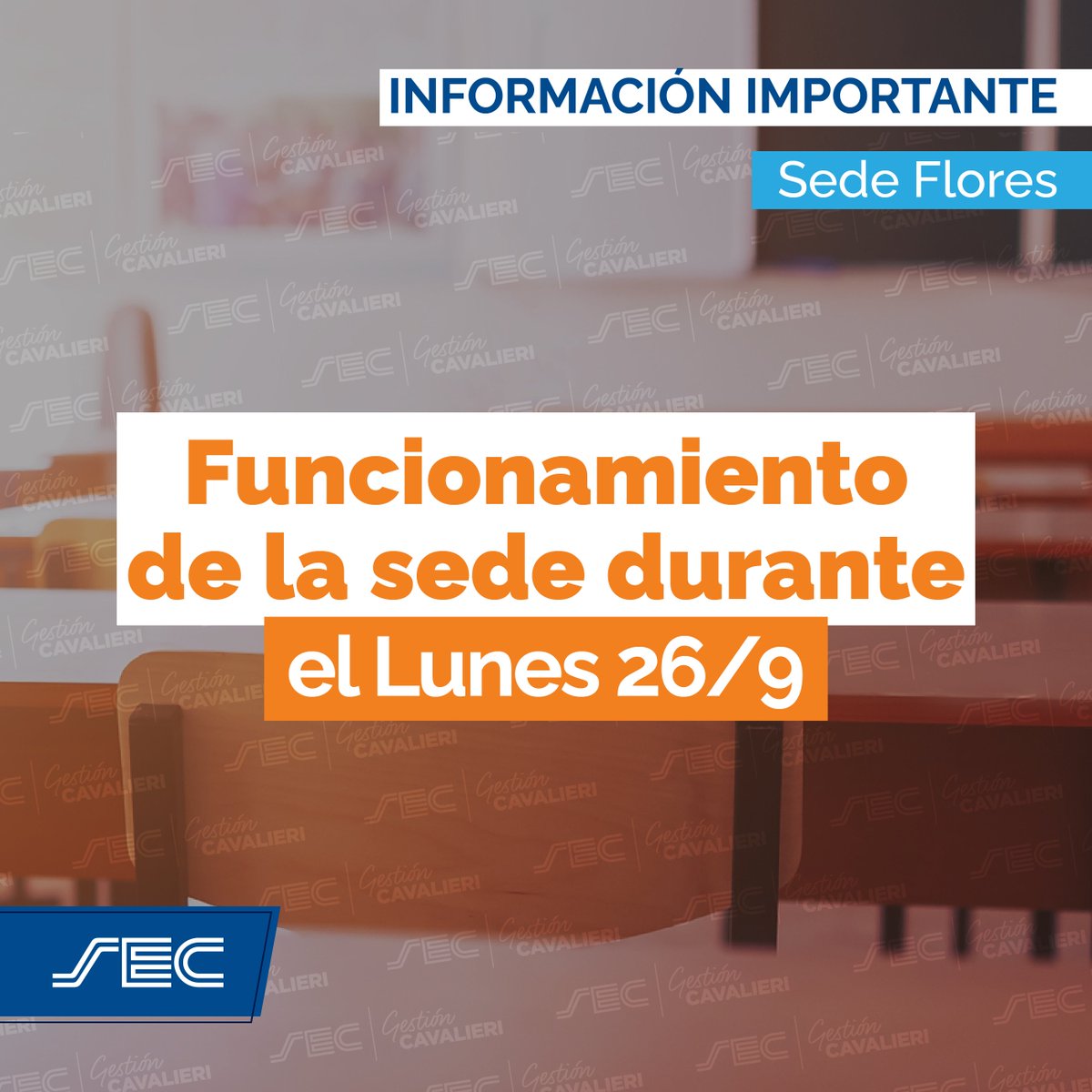 ¡FUNCIONAMIENTO DE LA SEDE DURANTE EL DÍA DEL EMPLEADO/A DE COMERCIO! ⚠️

ℹ️ Les informamos que la sede permanecerá 🔒CERRADA🔒 el 📆 Lunes 26 de Septiembre con motivo del feriado por el Día del Empleado y la Empleada de Comercio

#SoyComercio #SoySEC