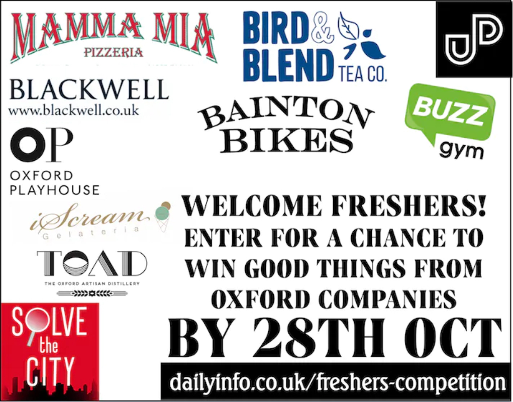 Get ready, freshers, it’s COMPETITION TIME at Daily Info! Enter for the chance to win prizes from some of Oxford’s top venues, shops and restaurants, like @UPPCinema @OxfordPlayhouse @BuzzGymOxford @baintonbikes and @iscreamoxford. Best of luck!