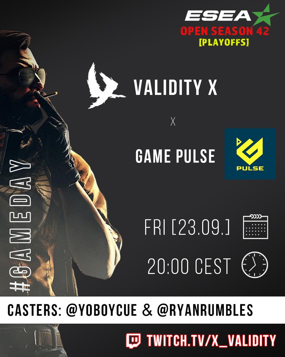 X_Validity's tweet photo. The time has come. Time for playoffs in @esea 🔥😎
Tonight BO3 🆚 Game Pulse 🇨🇿
🕒 18:00 GMT / 20:00 CEST
🎙️ @YoBoyCue  &amp; @RyanRumbles 🤟
📺 https://t.co/IJDKqnx1Fr 🍿
Winning this game will make us qualify in next league! Come join the stream and root for the boys! 🫡 https://t.co/5EtZPCVLTO