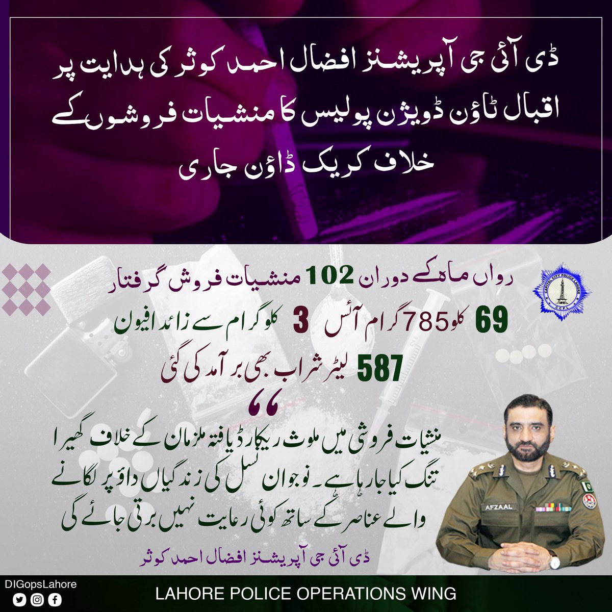 ڈی آئی جی آپریشنز #افضال_احمدکوثر کی ہدایت پراقبال ٹاؤن ڈویژن پولیس کامنشیات فروشوں کےخلاف کریک ڈاؤن جاری,
 ◾️منشیات فروشی میں ملوث ریکارڈیافتہ ملزمان کےخلاف  گھیراتنگ کیاجارہا ہے۔#نوجوان نسل کی #زندگیاں داؤ پرلگانے والے عناصرکےساتھ کوئی #رعایت نہیں برتی جائے گی"ڈی آئی جی آپریشنز